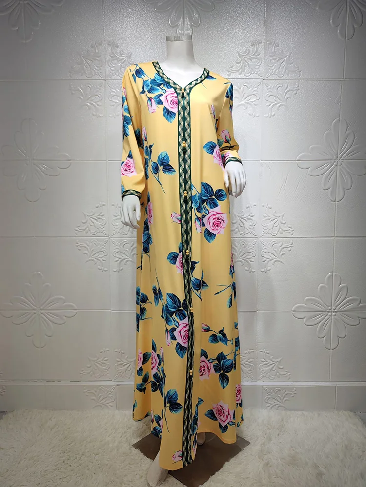 Ramadan Eid Robe Loose Clothing Muslim Women Hijab Dresses 2021Jalabiya Long Sleeve Arabic Dubai Islamic Print Floral Maxi Dress