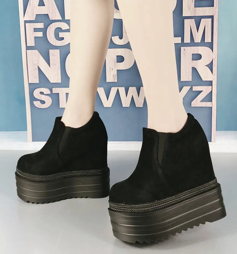 Ботинки на высокой платформе 13 см осенние женские ботильоны черные ботинки