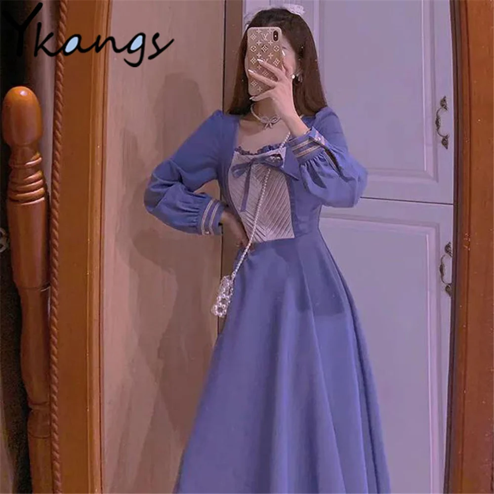 

Vestidos Элегантные Синие кружевные летние платья с длинными рукавами для девочек платье феи с квадратным вырезом; Милая симпатичная детская о...