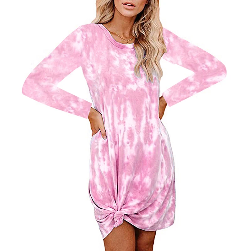 

New Dress Casual Printed Rainbow Tie-Dye Dress For Women Long Sleeve O-Neck Dress Female Loose Straight Dresses