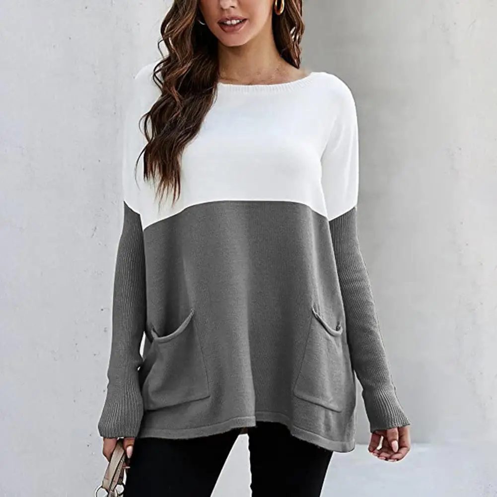 

2021 Stylish New Women Casual Sweater Contrast Color Knitted Autumn O Neck Long Sleeve Pockets Soft Sweater Street Leisure Top