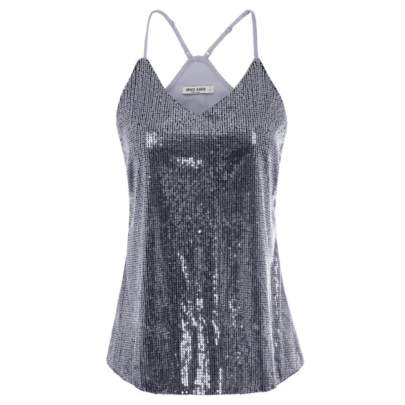 Silver Gray GK S~ 2XL пикантные Короткие топы для женщин, летняя Клубная одежда, вечерние, роскошные элегантные черные/Золотые бретельки с v-образным вырезом и блестками - Цвет: Silver Gray