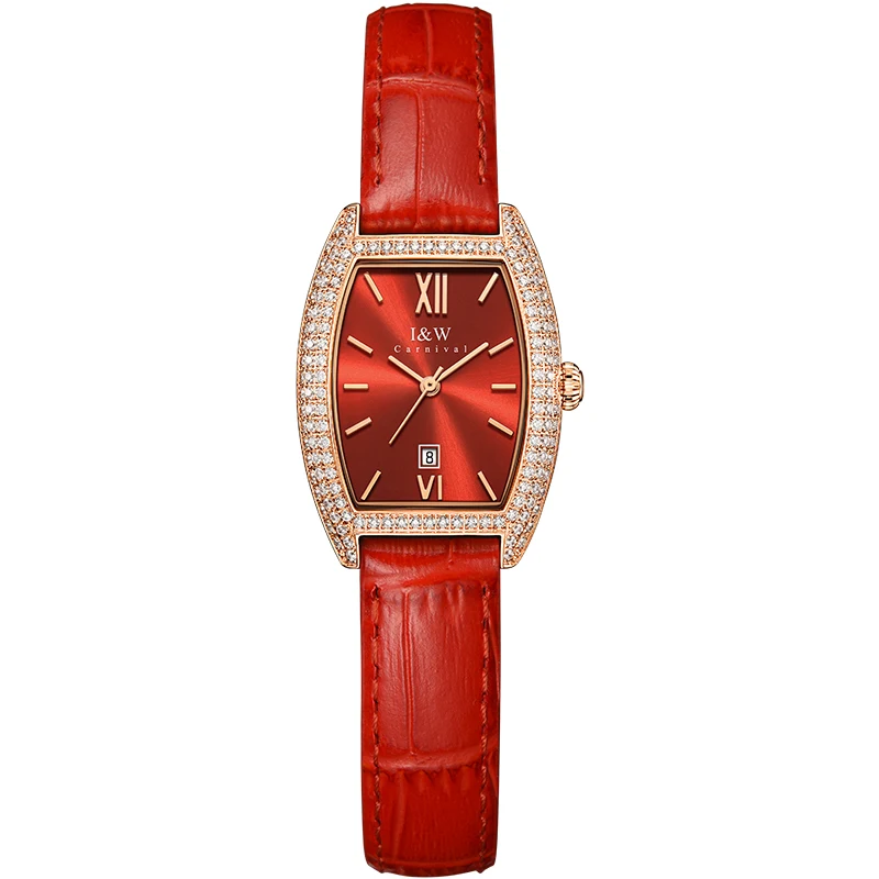 Relógio Feminino Suíça i & w Luxo Vermelho Relógio de Pulso Feminino Safira Calendário Pulseira de Couro à Prova Impermeável Água Relógio de Diamante para Mulher Relógios femininos