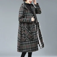 autumn and winter women long woolen plaid coat loose thickened hoodie chinese style casual clothing for mother