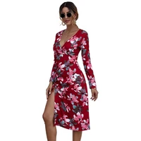 long sleeve vintage floral print temperament v neck folds split fork dress women elegant summer streetwear casual dresses