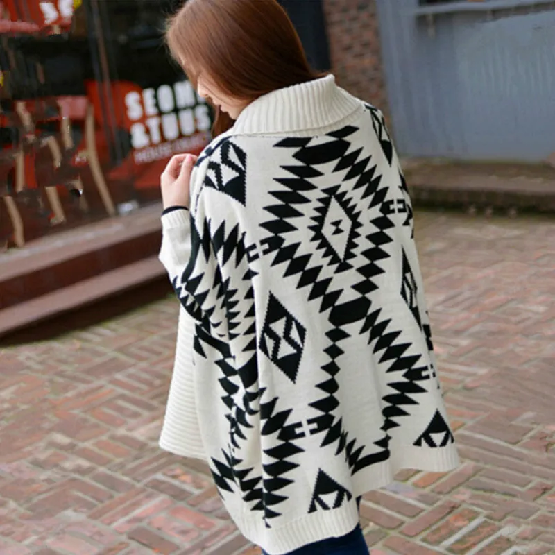 Вязаное пальто Свободный кардиган с большими лацканами и геометрическим узором