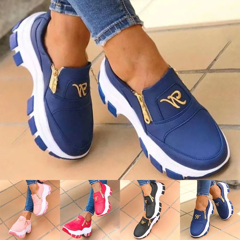 2021Summer Women Vulcanized Sneakers Thick Bottom High Heel Sport Shoes Female Wedge Shoes Women's Zipper Decoration Shoes