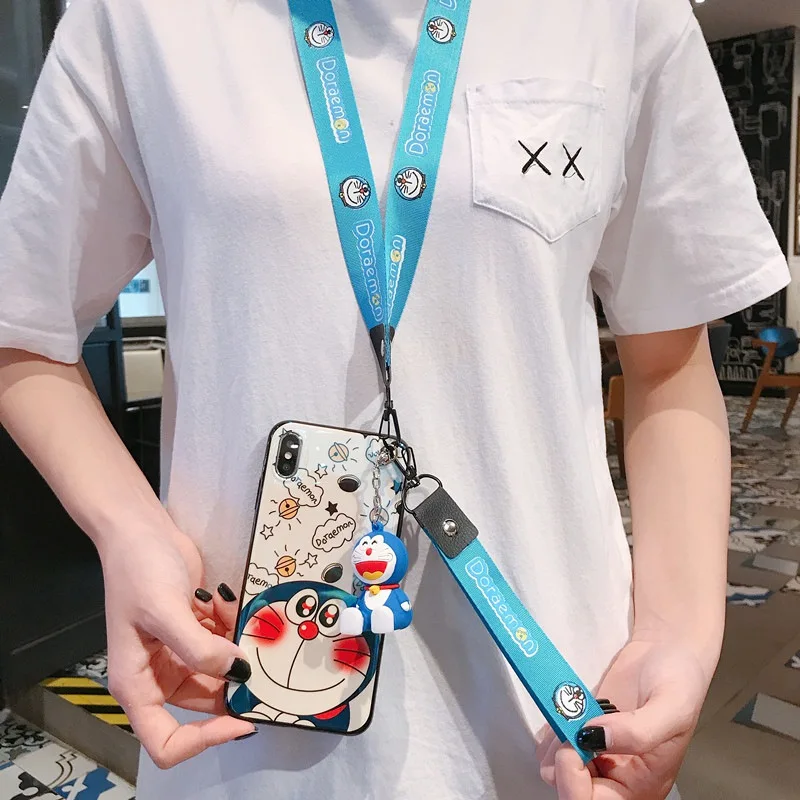 phone case for Samsung S10 9 8 Plus Note 3D cartoon blue lanyard robot cat back cover |