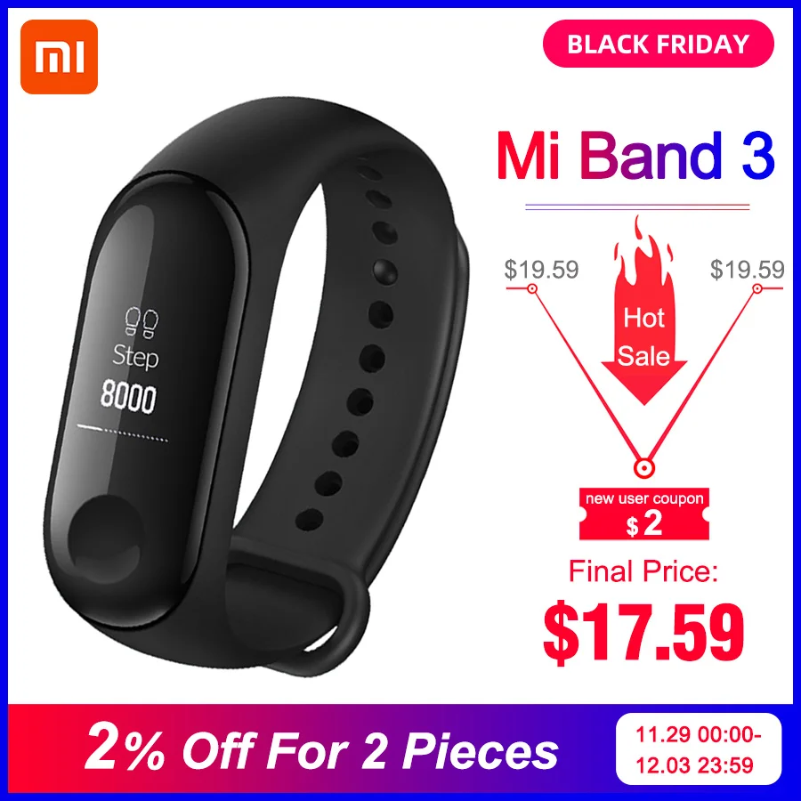 Фитнес браслет Xiaomi MiBand 3 часы с функцией пульсометра OLED дисплеем 0.78'' Bluetooth 4.2