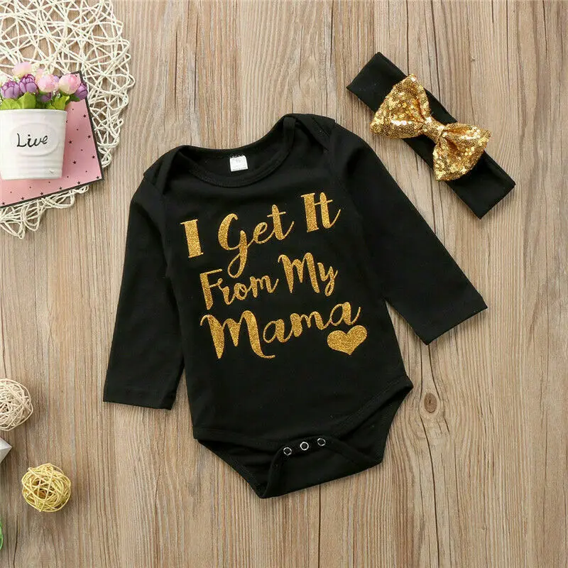 

Newborn Baby Girls Boys Long Sleeve Letter Bodysuit Jumpsuit Sequins Headband Outfits Clothes 0-24M