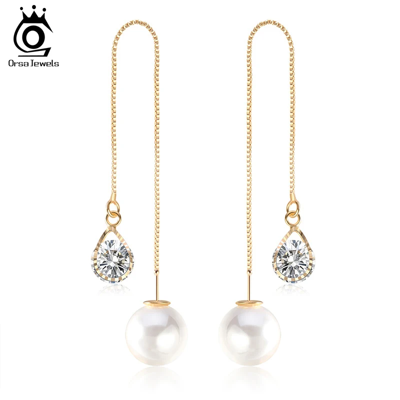 Gold Color ORSA JEWELS Женские Висячие серьги длинная водяная капля черный AAA CZ розовое золото цвет имитация жемчуга девушка двойные серьги ювелирные изделия OME27 - Окраска металла: Gold Color