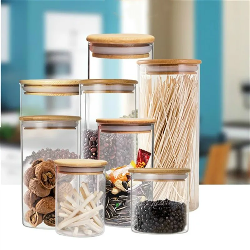 

Kitchen Storage Container Glass Jars Airtight Bottle Pot Bamboo Lid Dried Fruit Candy Jar Tea Canister Food Storage Container