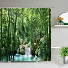 Зеленая бамбуковая занавеска для душа Водопад s Mystic Forest, занавеска для ванны с природным ландшафтом, водонепроницаемая ткань, декор для ванной комнаты с крючками
