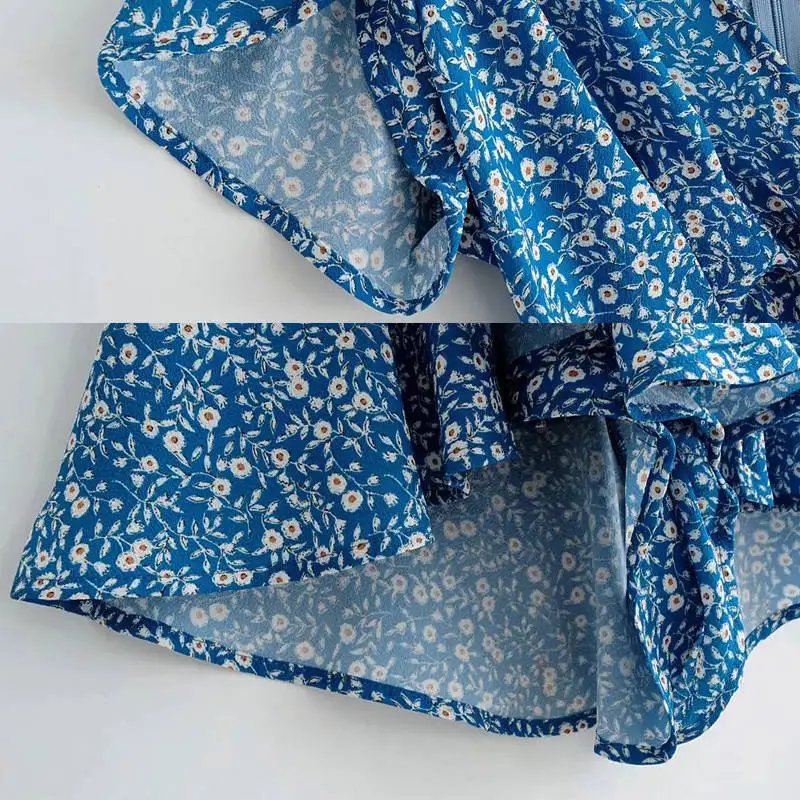 Богемный пляжный комбинезон с поясом небесно голубой цветочный глубоким V