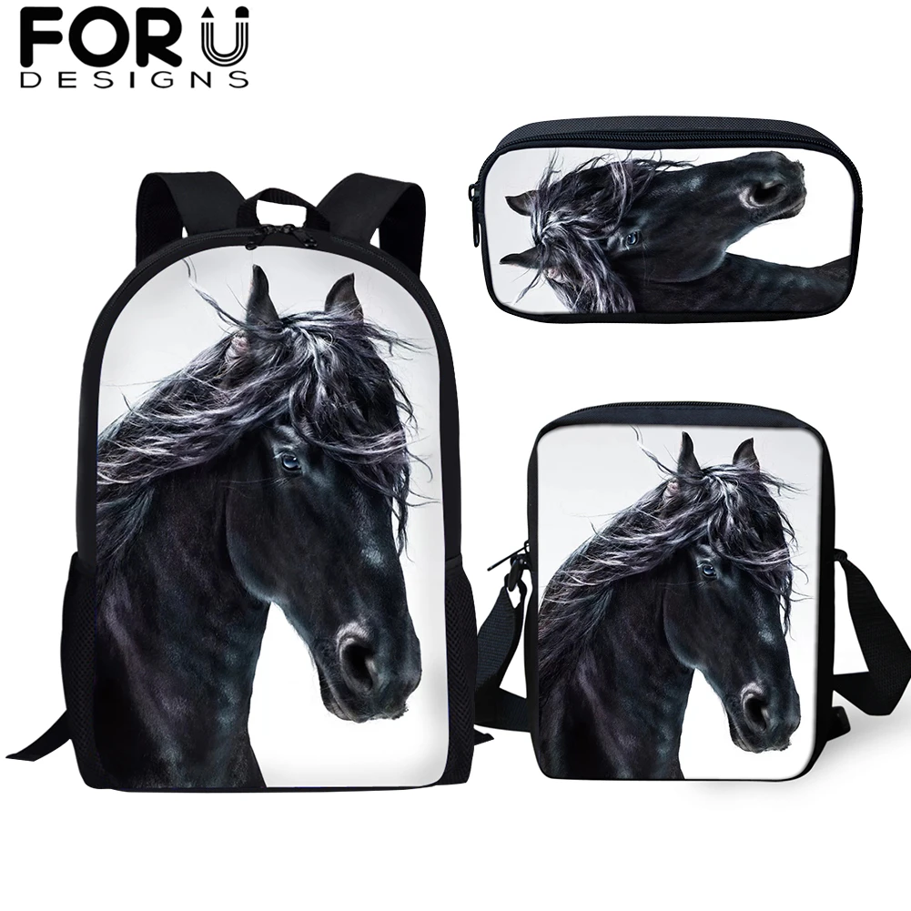 FORUDESIGNS/3 шт./компл. школьная сумка для мальчиков и для девочек-подростков; Friesian рюкзаки с рисунком лошади студент красивый вороной конь рюкзак для путешествий