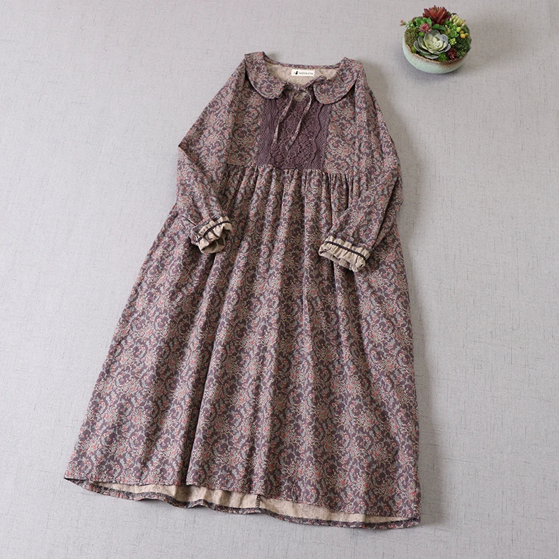 

Japan Style Mori Girl Literary Fresh Floral Print Dress Spring Peter Pan Collar Long Sleeve Women Dress