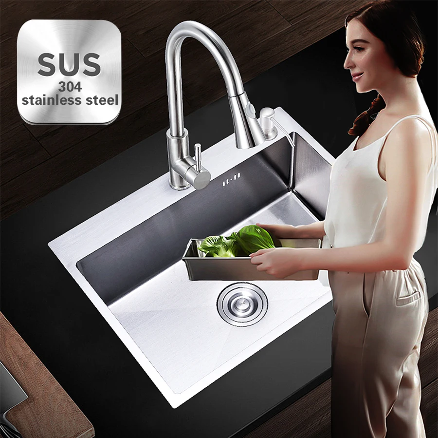 

Dropship 304 New 2021 Single Kitchen Sink Stainless Steel Kitchen Sink Dish Basin 550x450mm With Drain Basket And Drain Pipe