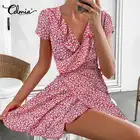 Женское короткое платье с принтом маргариток Celmia, летнее пикантное мини-платье с коротким рукавом и V-образным вырезом, модные бандажные платья с оборками, праздничные платья