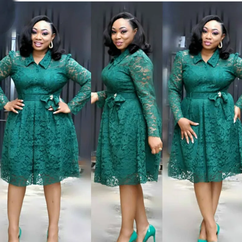 Кружевные однотонные платья на талии с отложным воротником и длинным рукавом