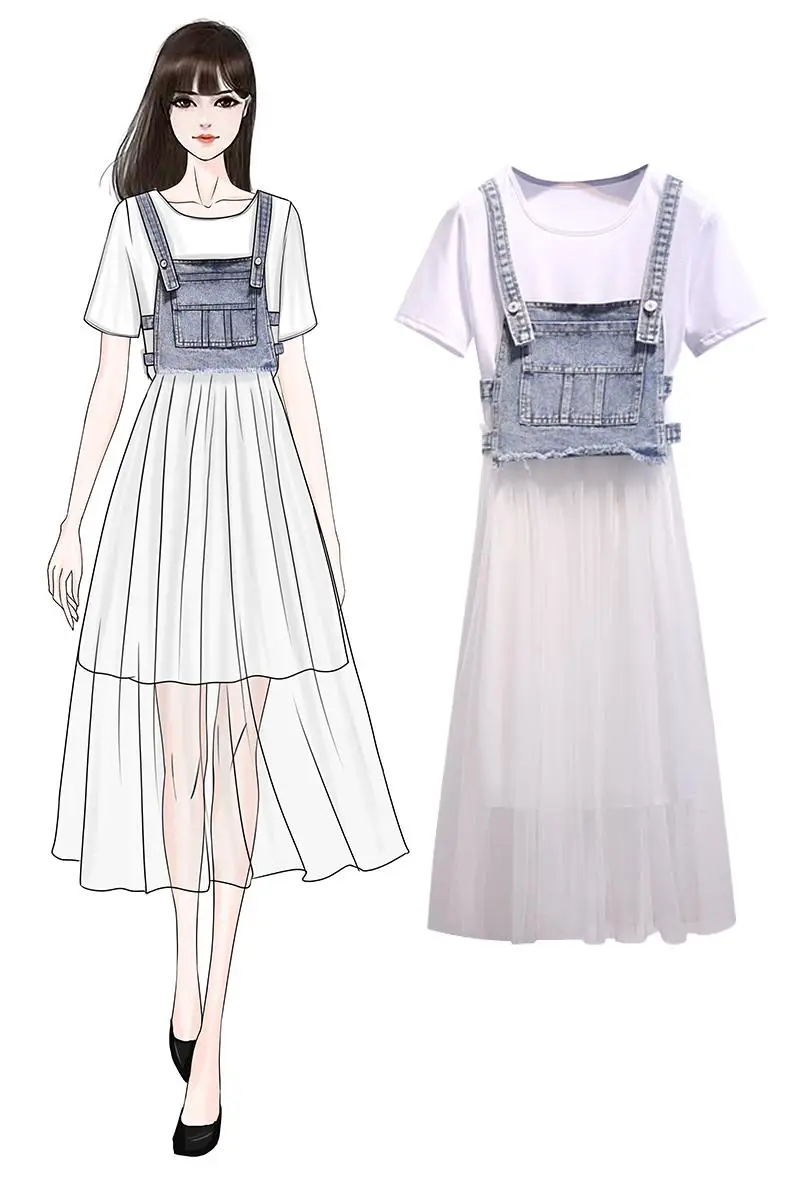 Женская длинная футболка Сетчатое платье + джинсовый топ комплект из двух