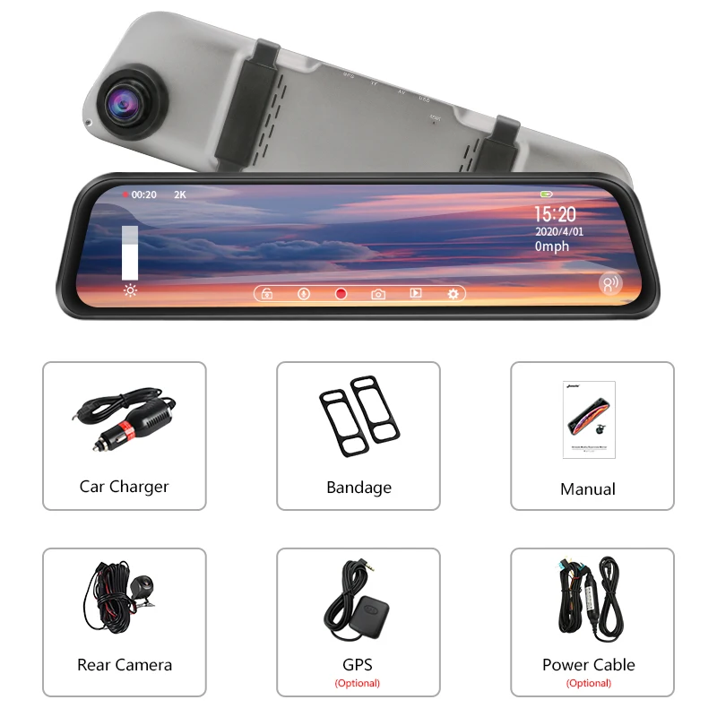 

12 Inch Touch Screen 2K Car DVR Stream Media Dash Camera Dual Lens Video Recorder Rearview Mirror 1080p Right Lens Voice Control