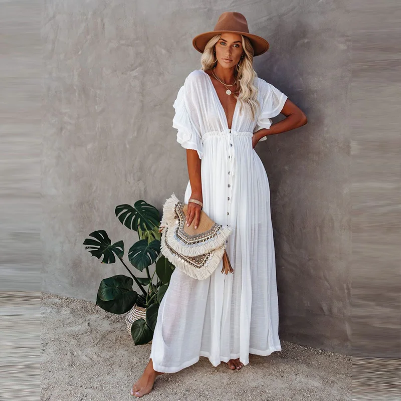 Женская однотонная туника с глубоким V-образным вырезом длинная Пляжная накидка