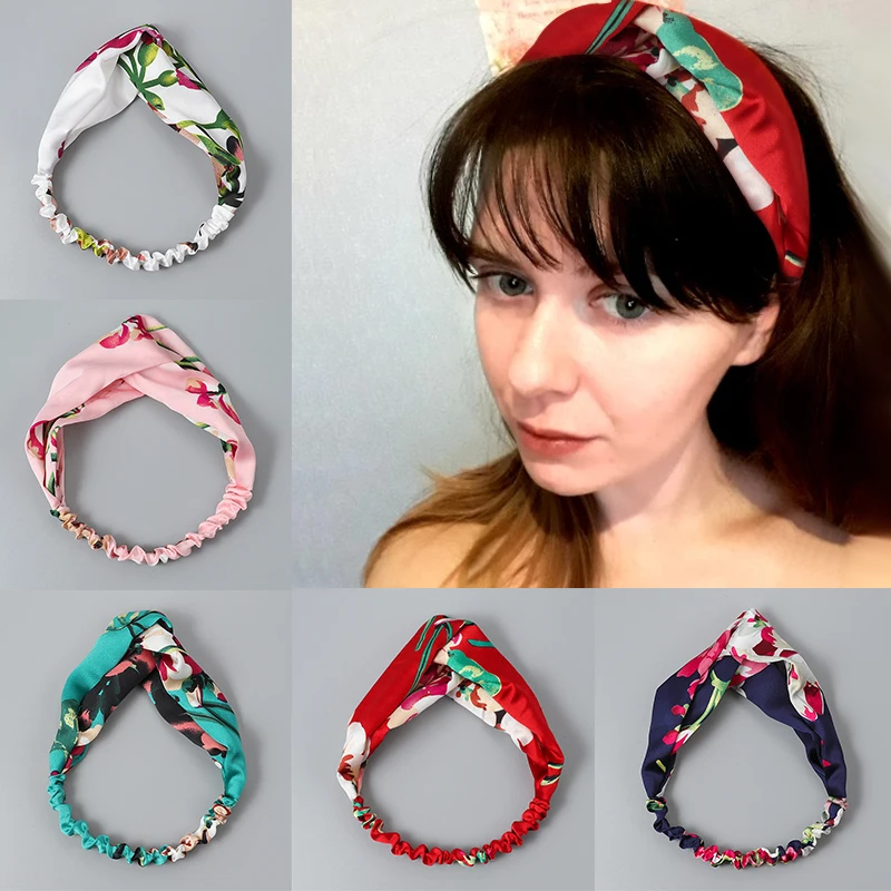 

Женская повязка для волос в стиле ретро с перекрестным узлом, эластичная лента для волос с бантом и цветком, аксессуары для волос, корейские ...
