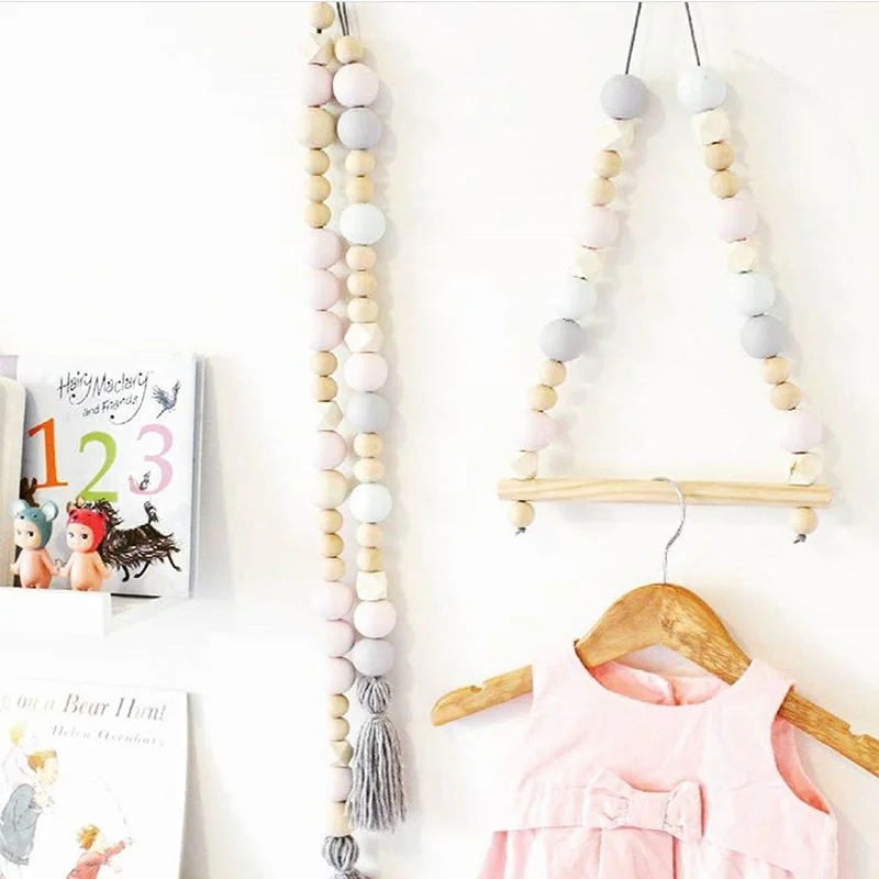 

Boys Coat Rack Hanger Wooden Beads Wall Hanging Clothes Towel Holder Kids Room Decorative Hanger Photo Props Home Organizer
