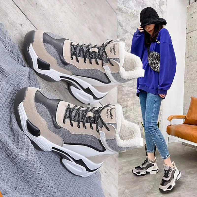 

2020 Women Genuine Leather Sneaker Winter Lady Chunky Sneakers Female Fashion Black Brand Thick Sole Platform Shoes ZD2959