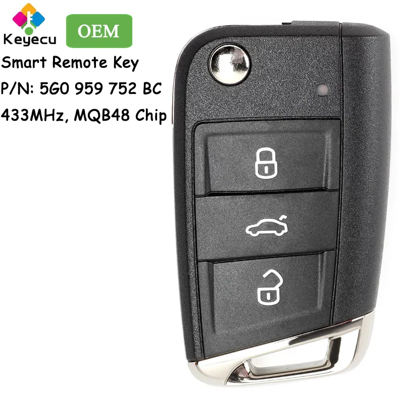 

KEYECU OEM Keyless-Go Smart Flip Remote Car Key - 3 Buttons 434MHz MQB48 Chip - for Volkswagen MQB Golf VII 7 Fob 5G0 959 752 BC