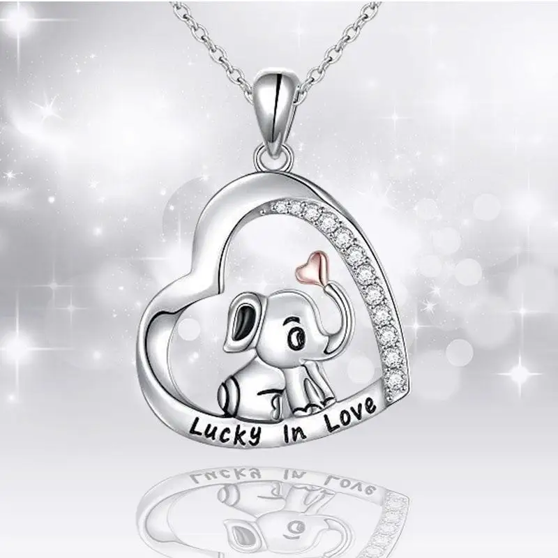 

Hot Sale Classic Silver Heart Elephant Pendant High Quality Copper Crystal Zircon Necklace Female Charm Party Birthday Jewelry