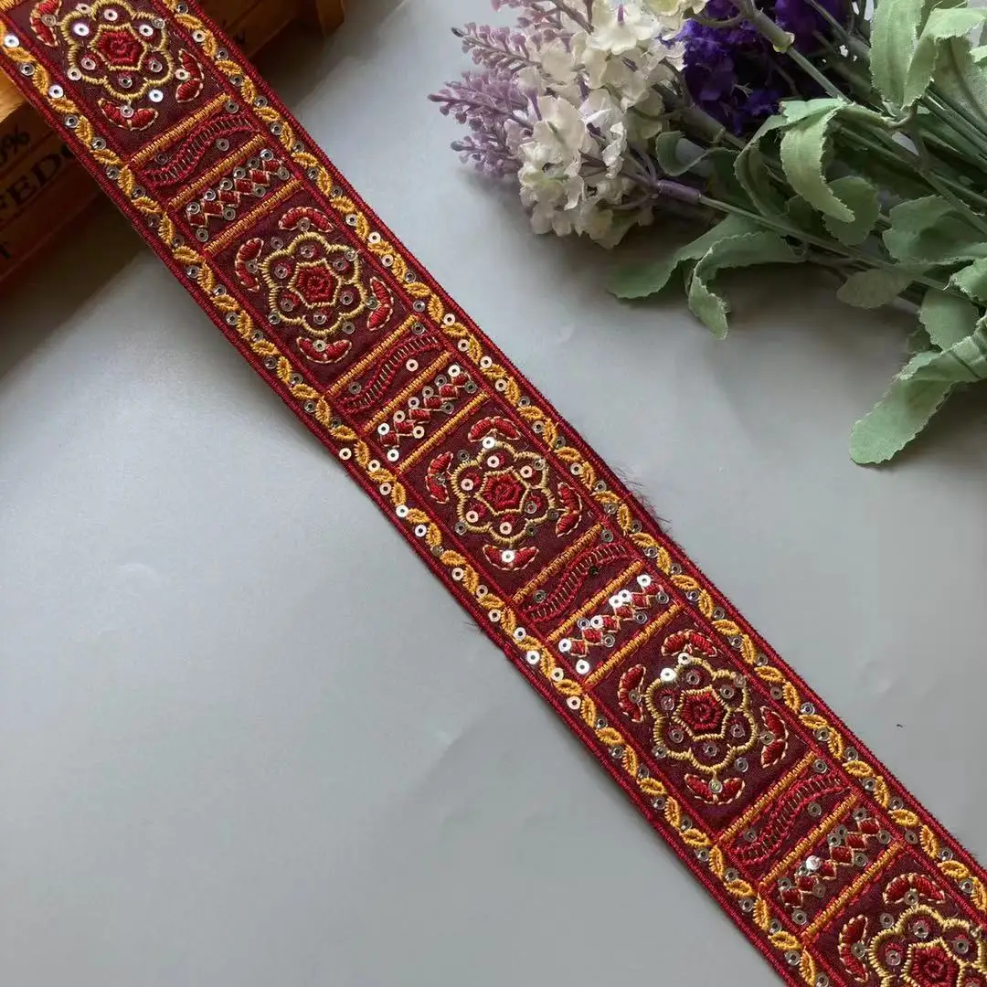

2 Yards Sequin Lace Trims Floral Webbing Ribbon Clothing Decorative Embroidered for Bridal Lace DIY Sewing Material for Dress