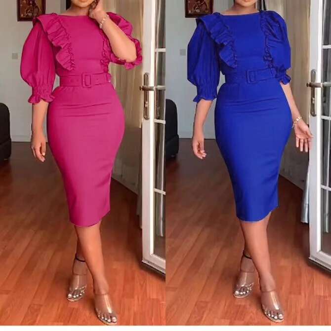 

Summer Office Ladies Elegant Party Vintage Red Plus Size Women Midi Dresses Bodycon Plain Sweet 2021 Female African Girls Dress