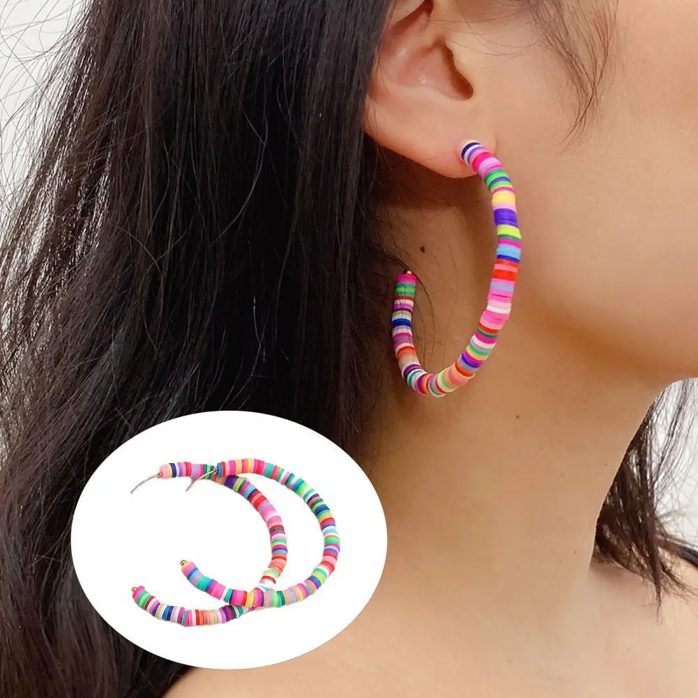 

60%HOT 1 Pair All-match Women Rainbow Color Polymer Clay Bohemian Hoop Stud Earring for Outdoor