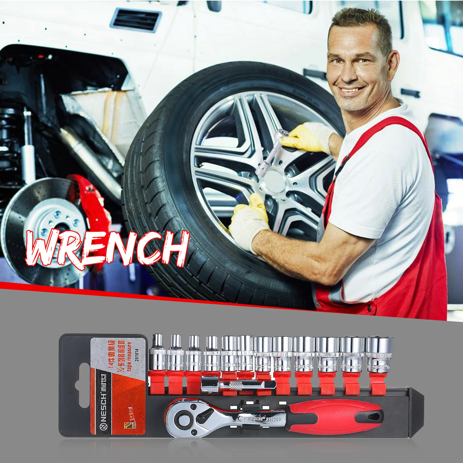 

14-Piece 1/4" Ratcheting Socket Wrench Set Quick Release Reversible Ratchet Handle Swappable Spanners 2-Inch Extension Bar