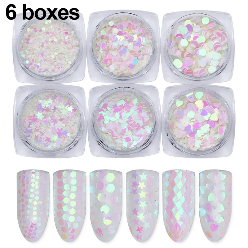 6pcs set 4 12/6/1 Коробки бабочки блестки блестящая голографическая солнечного света чувствительный Блестки для ногтей хлопья 3D украшения ваших ноготков - Цвет: 6pcs set 4