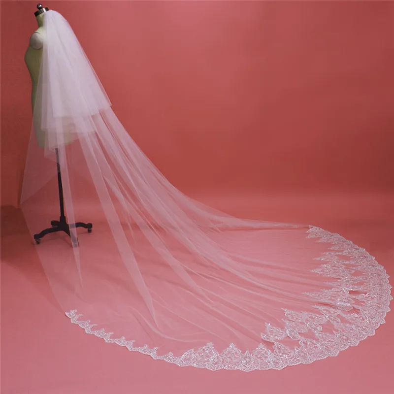 

Designed Wedding Veils 2 Layers Lace Appliqued Cathedral Length Blush Face Bridal Veil Soft Tulle Bridal Hair with Combs