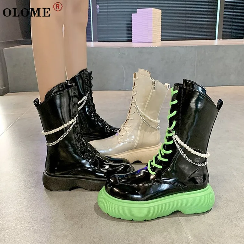 

2021 Fall Women's Pearl Metal Chain Boots Round Toe Interlocking Platform Shoes Fashion Lace-up Nude Boots