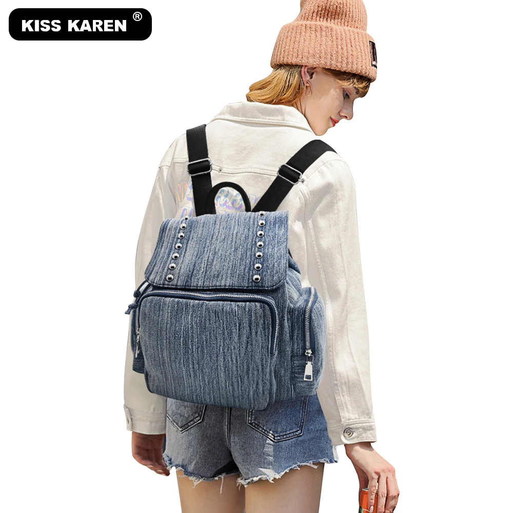 Casual Fashion Women's Backpacks with Rock Rivets Jeans Denim Travel Bags Studded Drawstring | Багаж и сумки