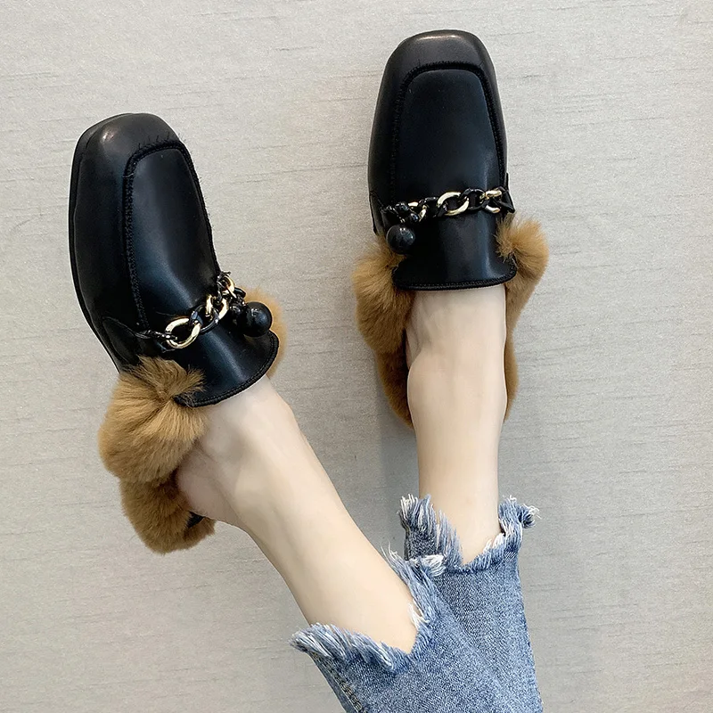 Женские меховые мюли на низком каблуке квадратные плюшевые туфли плоской