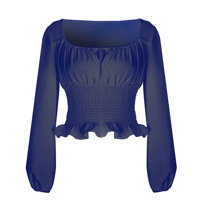 Элегантная женская шифоновая блузка с длинным рукавом летняя рубашка оборками и