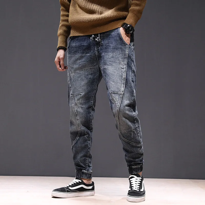 Джинсы-шаровары мужские с эластичным поясом свободные мешковатые размера плюс