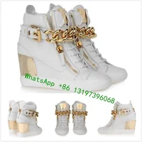 Ladies white wedge heel zip sneaker inner high metal chain decoration gold zipper mix color ankle boots  footwear wlarge size 43