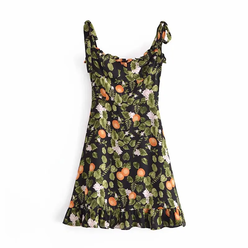 

New Women Vogue Floral Printed Ruffled Mini Dress Straps Backless Vintage Female Dresses Woman Robe femme