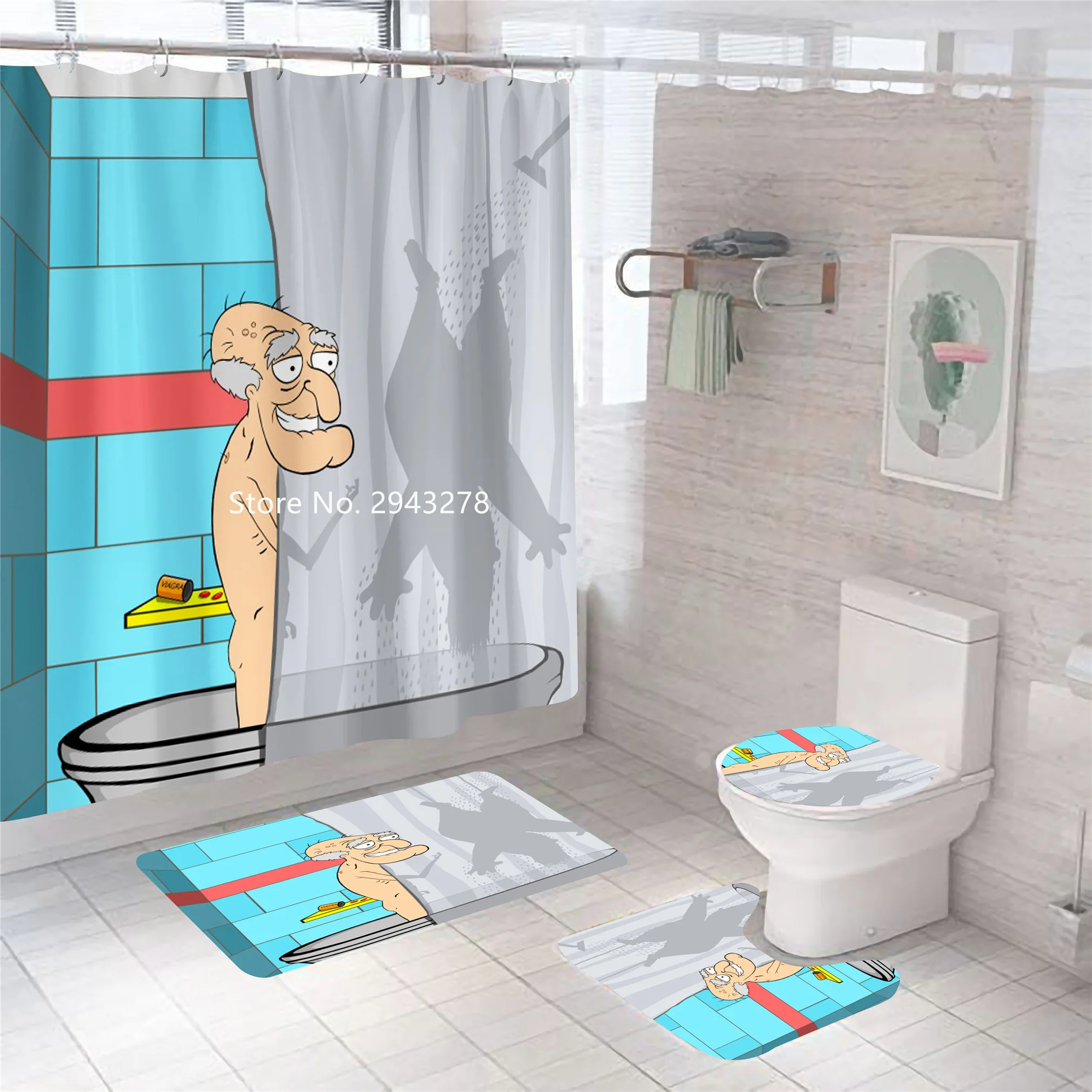 

Do Strange Cartoon Pattern Shower Curtain Floor Mat Toilet Mat Waterproof and Mildewproof Washable with Hook Bathroom Decoration