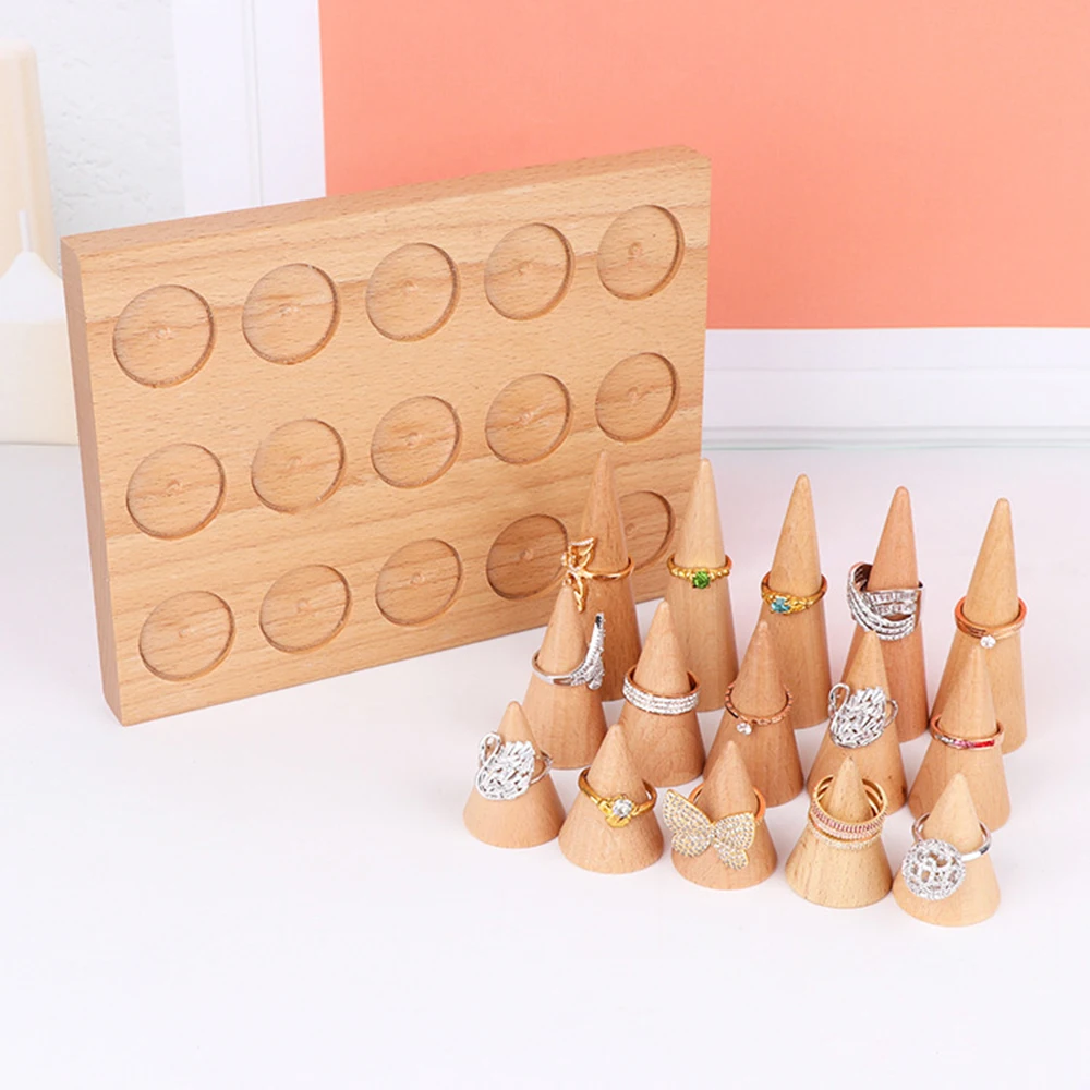 

Natural Wood Cone Shape Finger Ring Stand Jewelry Display Holder Showcase Display Stands Rings Bracelet Jewelry Tray