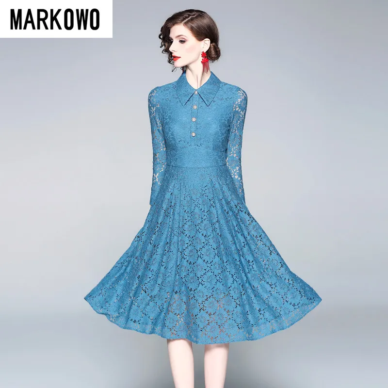 MARKOWO Designer Brand 2022 new elegant temperament large lace dress female ladies lapel mid-length A-line skirt