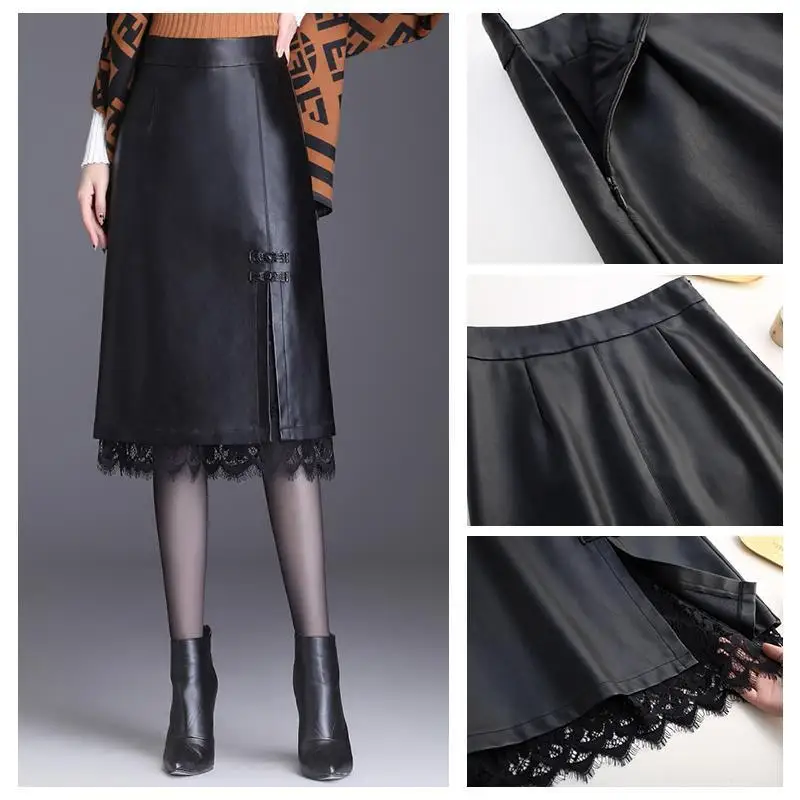 

Autumn & Winter New High Waist Slimming Simple Black Lace All-match Casual Plus Size Women A-line Leather Skirt Free Shipping
