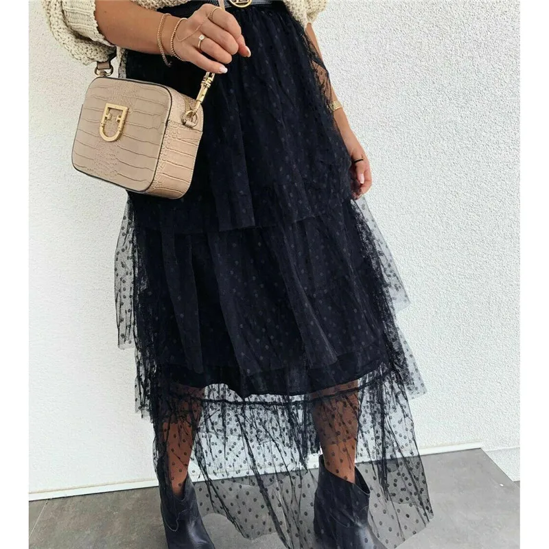 Женская кружевная юбка в горошек белая или черная длинная из тюля с высокой