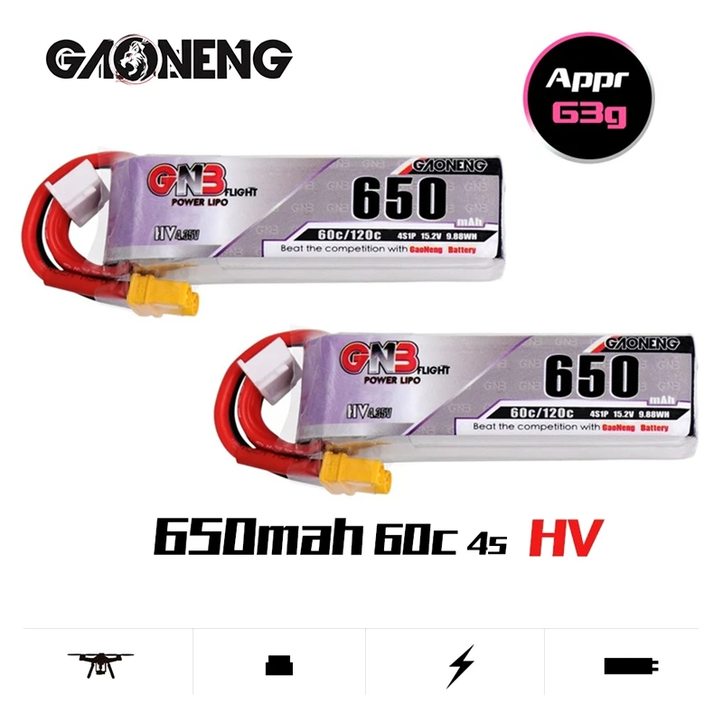 

2 шт. 4S Gaoneng GNB HV Lipo Батарея 650 мА/ч, 15,2 V 60C/120C с XT30 разъем для Beta85X Whoop квадракоптер FPV скоростной Дрон для гонок